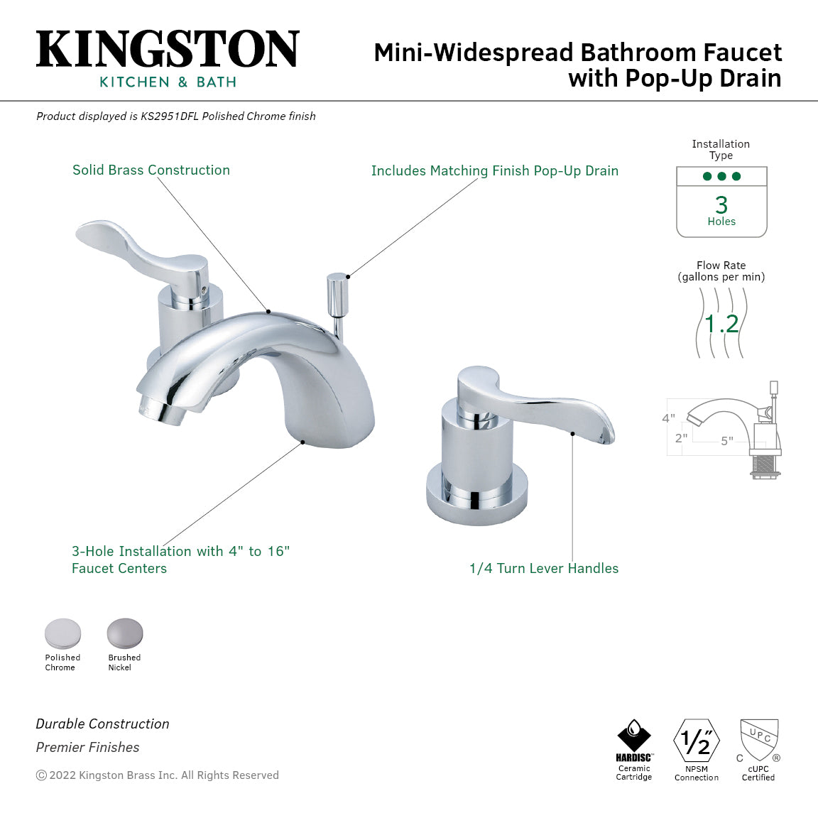 Kingston Tulare KS2951DFLTwo-Handle 3-Hole Deck Mount Mini-Widespread Bathroom Faucet with Brass Pop-Up, Polished Chrome — thumbnail 2